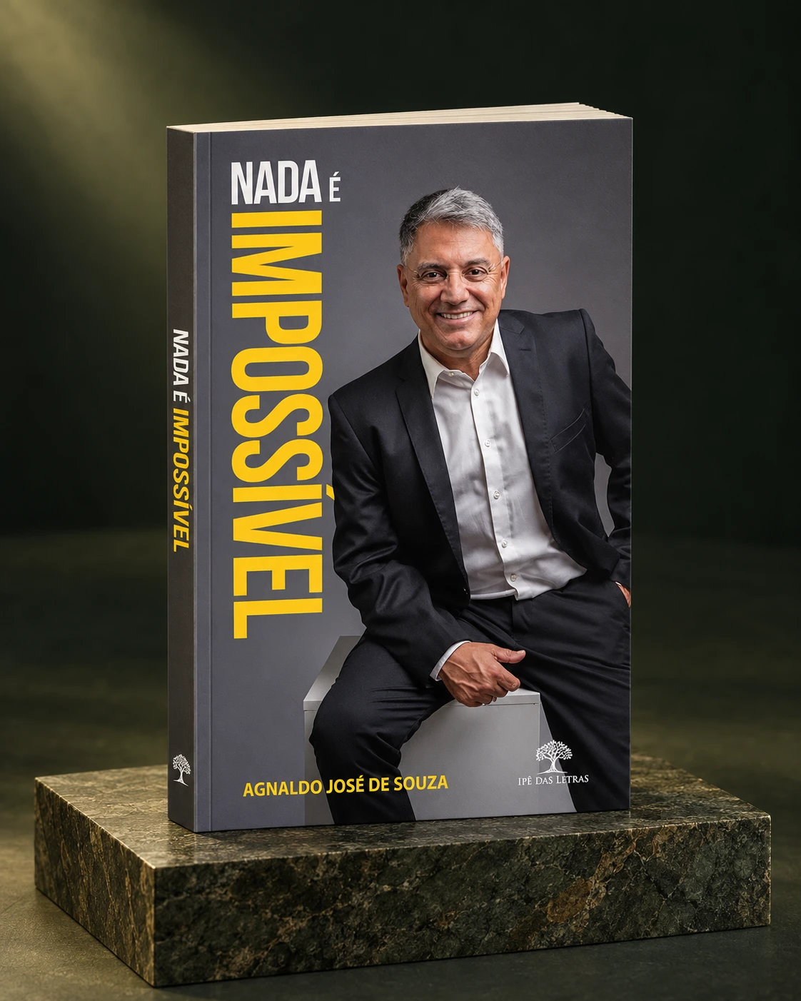 Mockup tridimensional do livro Nada é impossível, de Agnaldo José de Souza, sobre uma base de pedra